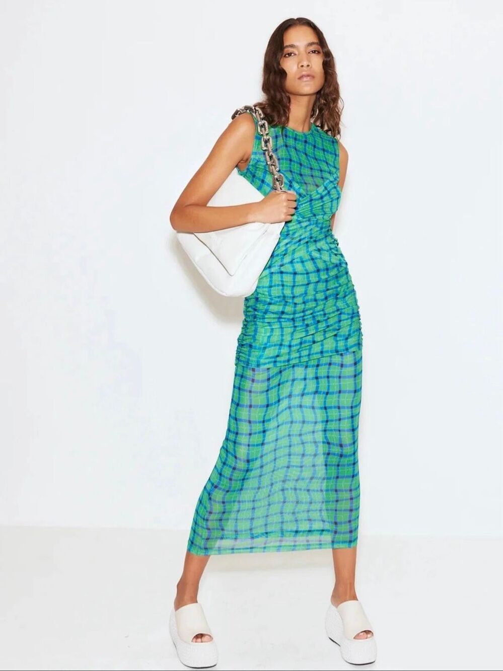 Simon Miller Sz L Kinny Ruched Plaid Mesh Midi Dress Anthropologie Green Blue - Picture 12 of 12